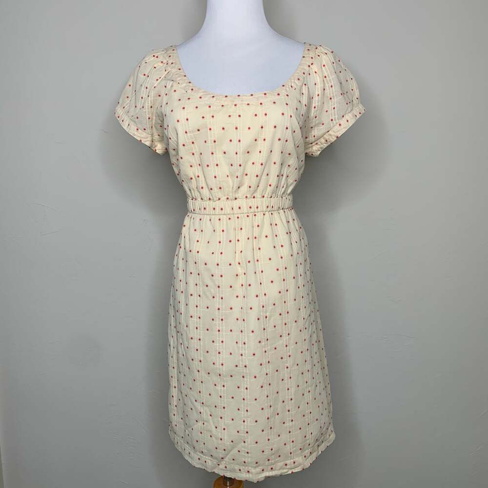 J Crew Cream Red Textured Dress Scoop Neck Cotton Short Sleeve Small